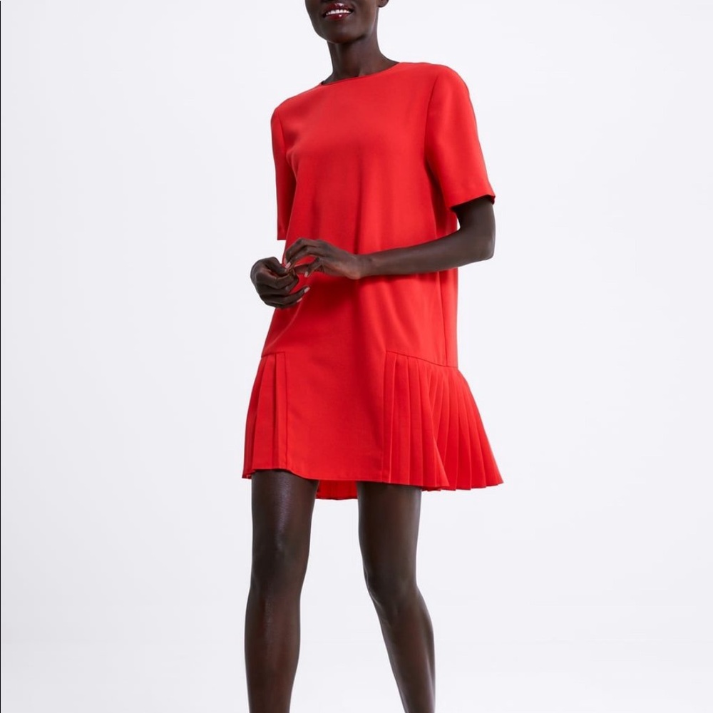 Zara Red Pleated Shift Dress